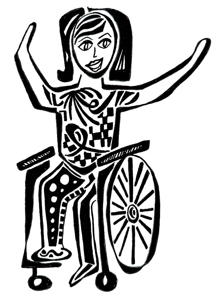 A black and white illustration of a femme person seated in a wheelchair. The person has shoulder length black hair and bangs. The person is seated in a wheelchair with arms lifted up above their head and a smile on their face.