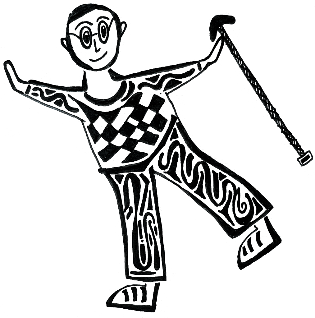 A black and white illustration of a person with short hair and glasses who carries a cane. The person has arms and legs stretched wide as if they are flying or jumping trhough the air.