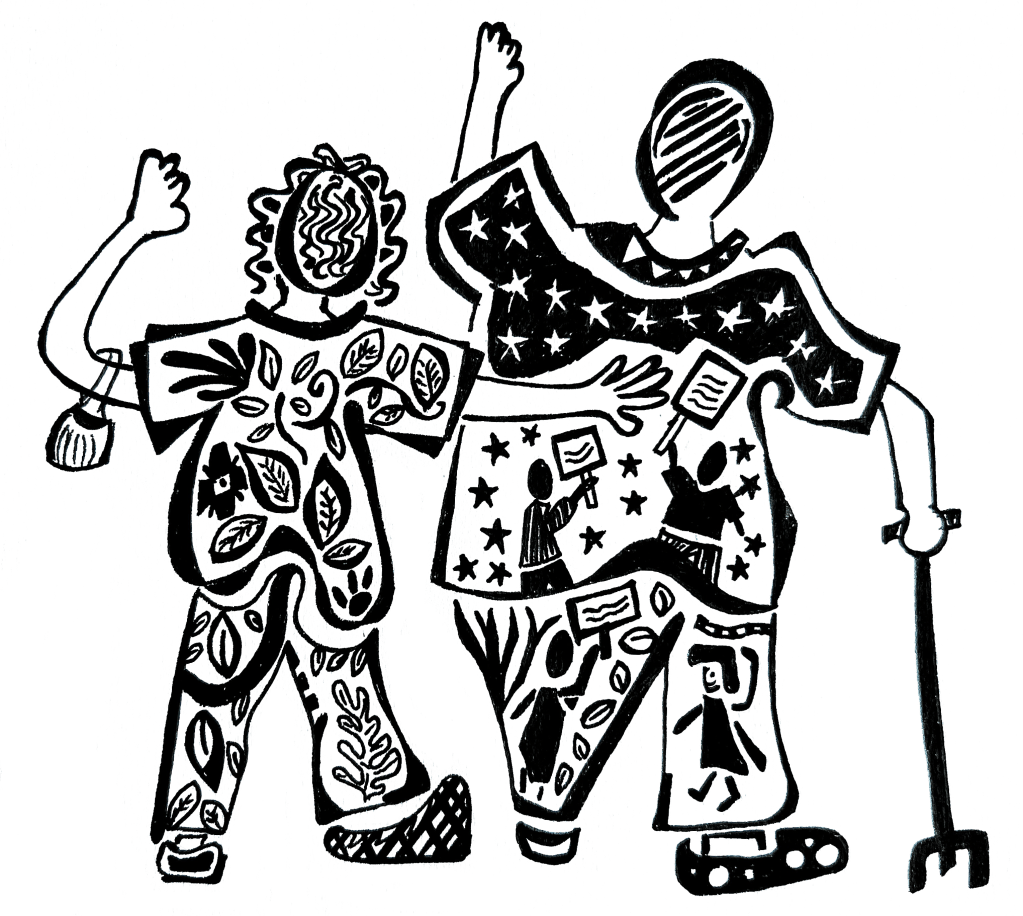 A black and white illustration of two people standing, backs towards the viewer. One person carries a cane and wears pants and a shirt decorated with images of people carrying protest signs. The other has one arm around the first person and wears pants and a shirt decorated with leaves. Both people have their right arms lifted in a wave or a cheer.